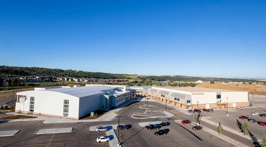 Aerial view of Spray Lakes Sailing Family Sports Centre in Cochrane